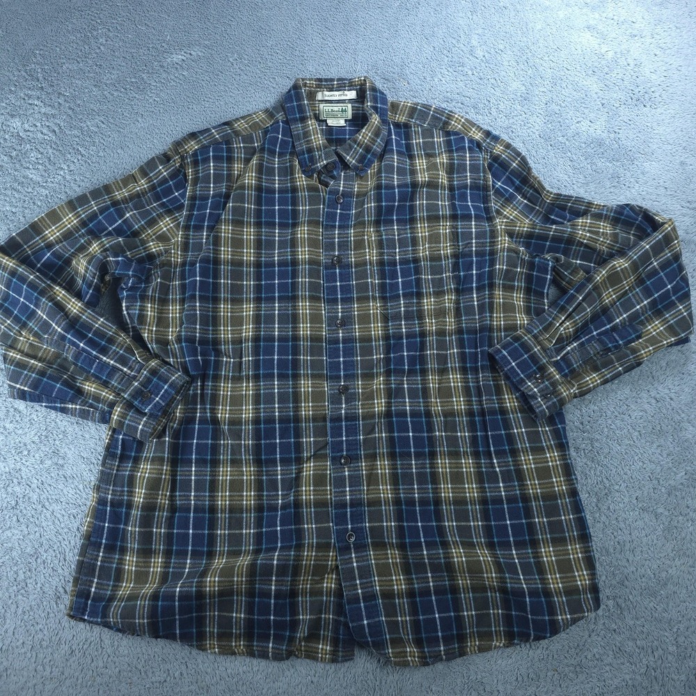 L.L.Bean Shirt Mens XL Blue Brown Plaid Flannel Long Sleeve Button Down Casual